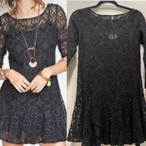 Free People Women’s Mini Dress Size 2 Black Whimsigoth Lace Cotton Ruffle Hem - Picture 1 of 15